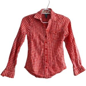 🟥❤️XS soft red white plaid long sleeve shirt LIKE NEW❤️🟥